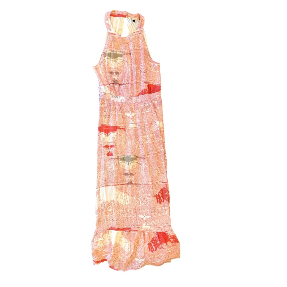 Miami Pink Paisley Halter Maxi Dress High Neck Boho Ruffle Hem Small